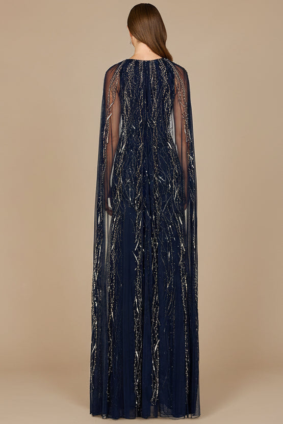 Elegant Beaded Dress with Long Cape by Lara New York