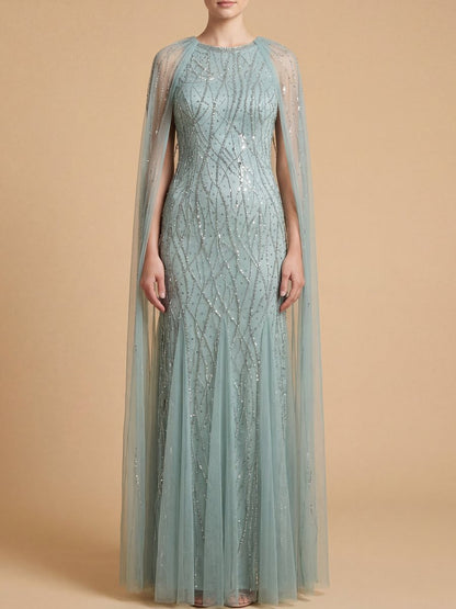 Elegant Beaded Dress with Long Cape by Lara New York