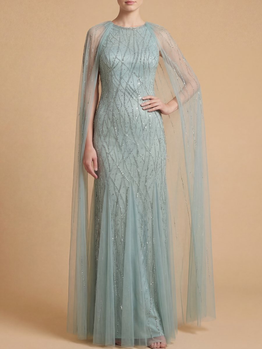 Elegant Beaded Dress with Long Cape by Lara New York