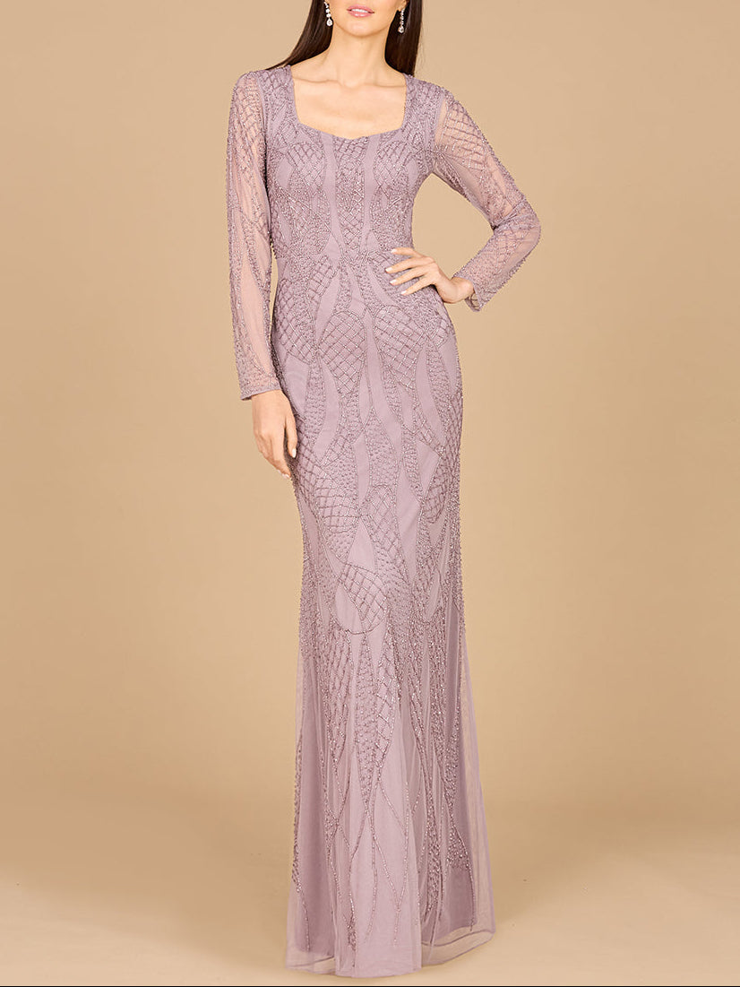 V Neck Beaded Long Sleeve Dress by Lara New York