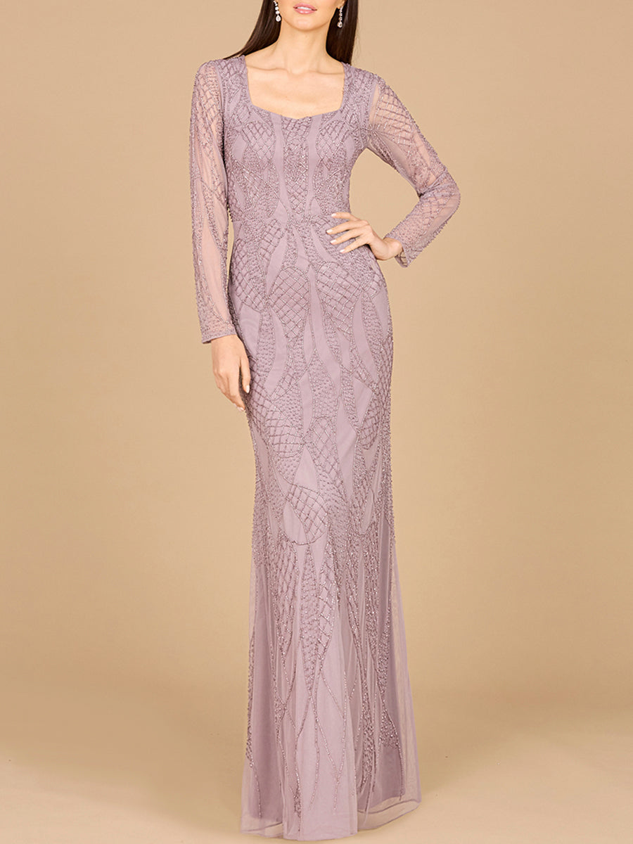 V Neck Beaded Long Sleeve Dress by Lara New York