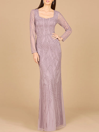 V Neck Beaded Long Sleeve Dress by Lara New York