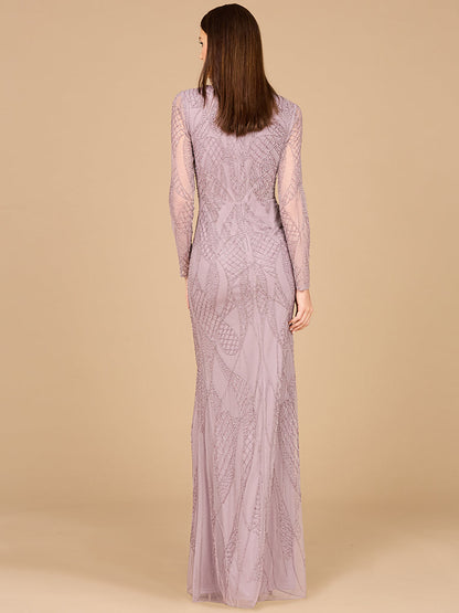 V Neck Beaded Long Sleeve Dress by Lara New York
