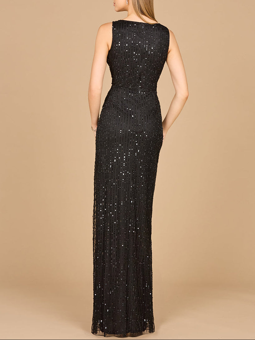 Beaded Black Gown with Slit by Lara New York