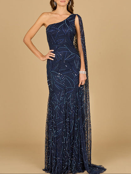 One Shoulder Cape Gown by Lara New York