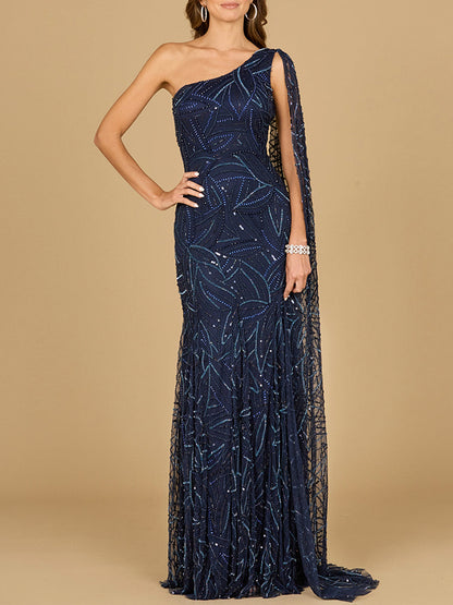 One Shoulder Cape Gown by Lara New York