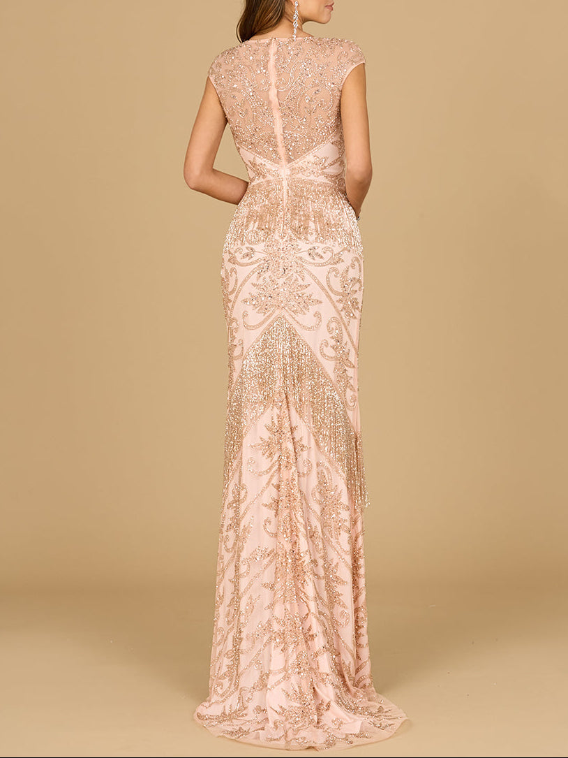 Cap Sleeve Beaded Gown with Fringe | 29098 by Lara New York
