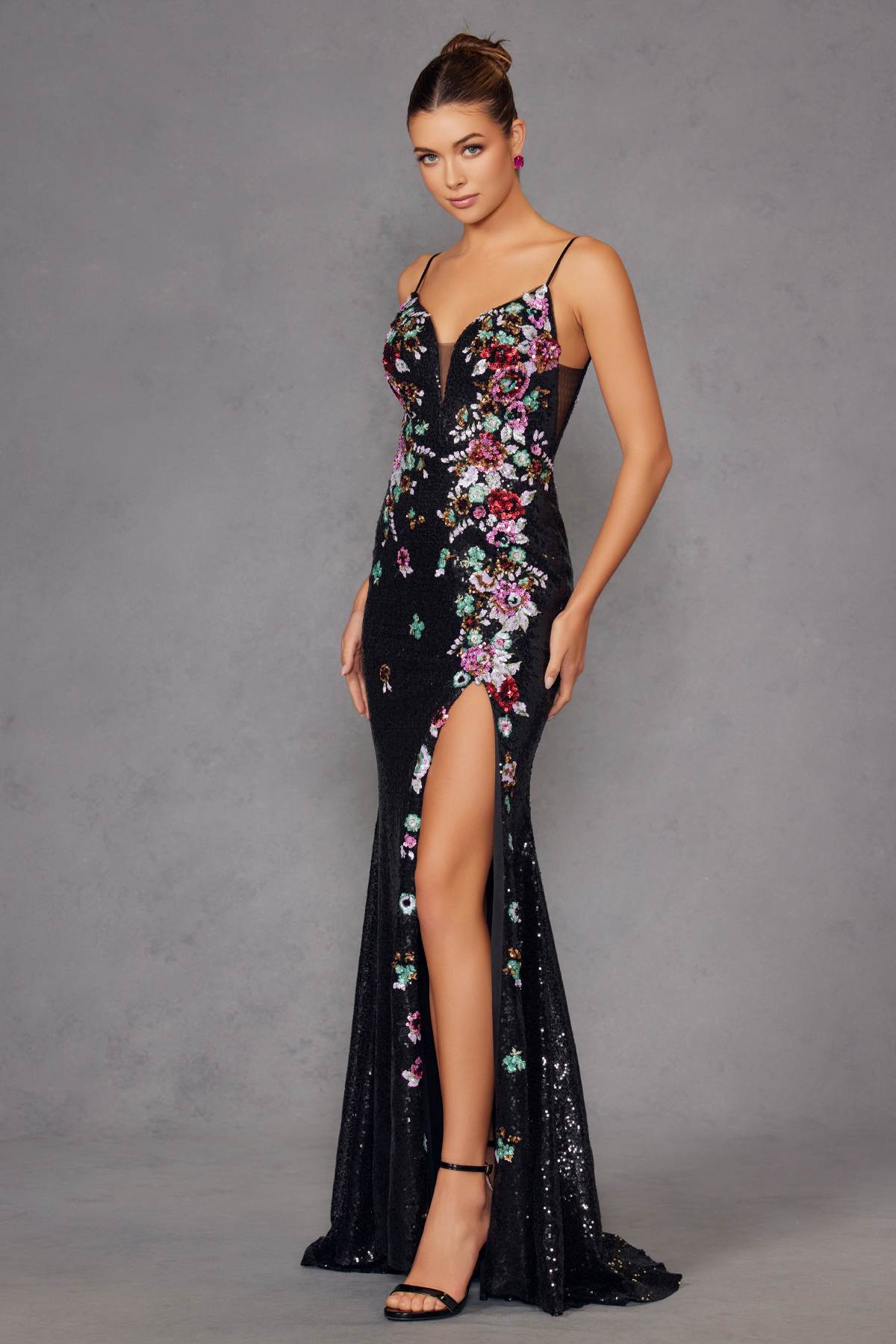 Juliet JT2909K Fitted Floral Embroidery and Sequin Prom Gown by DiscountDressShop
