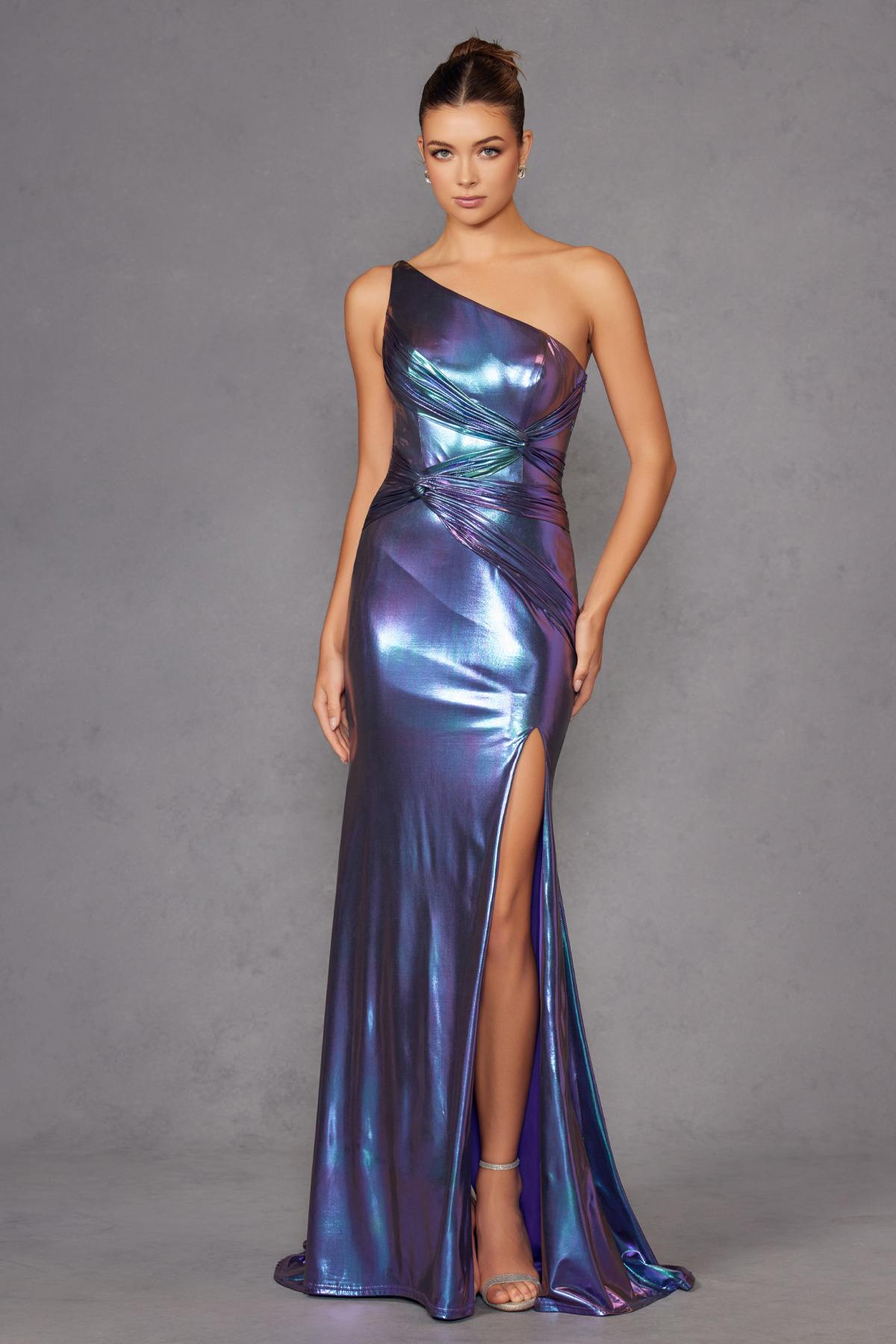 Juliet JT2910H Long Metallic Fitted One Shoulder Prom Gown by DiscountDressShop