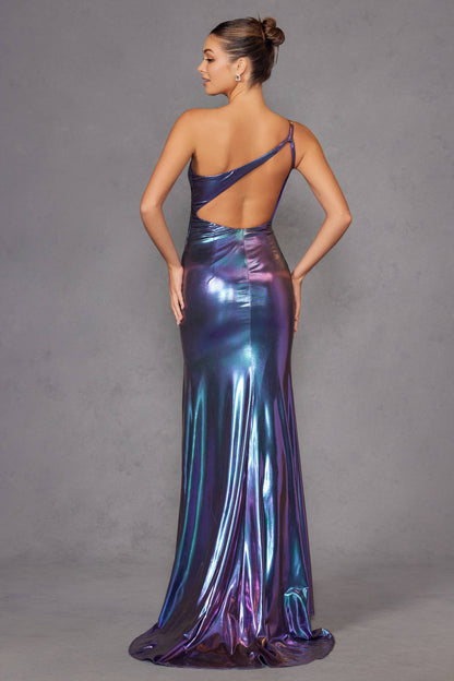Juliet JT2910H Long Metallic Fitted One Shoulder Prom Gown by DiscountDressShop