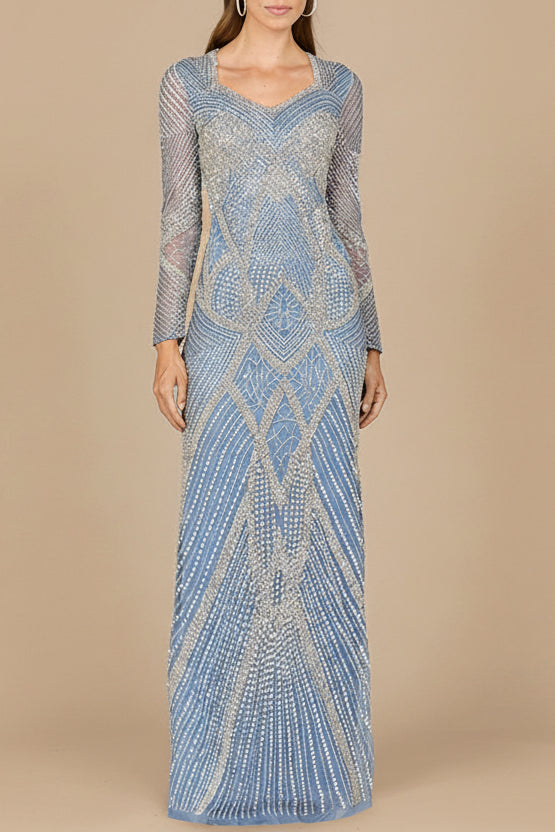 V Neck Beaded Long Sleeve Dress by Lara New York