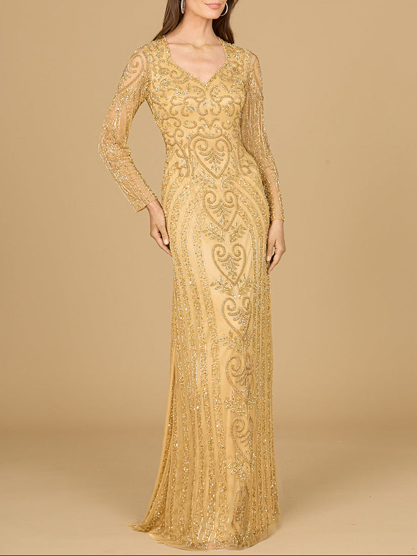 V Neck Beaded Long Sleeve Dress by Lara New York