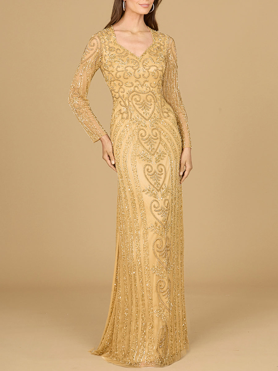 V Neck Beaded Long Sleeve Dress by Lara New York