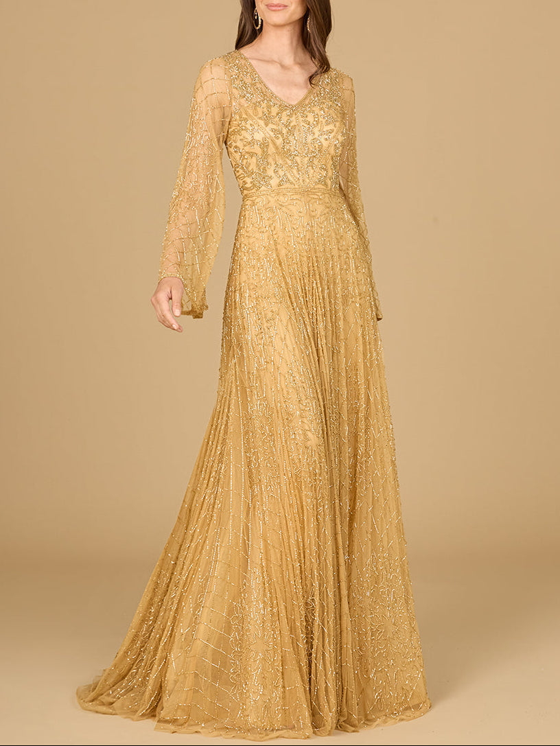 Beaded Long Dress with Flare Sleeves by Lara New York