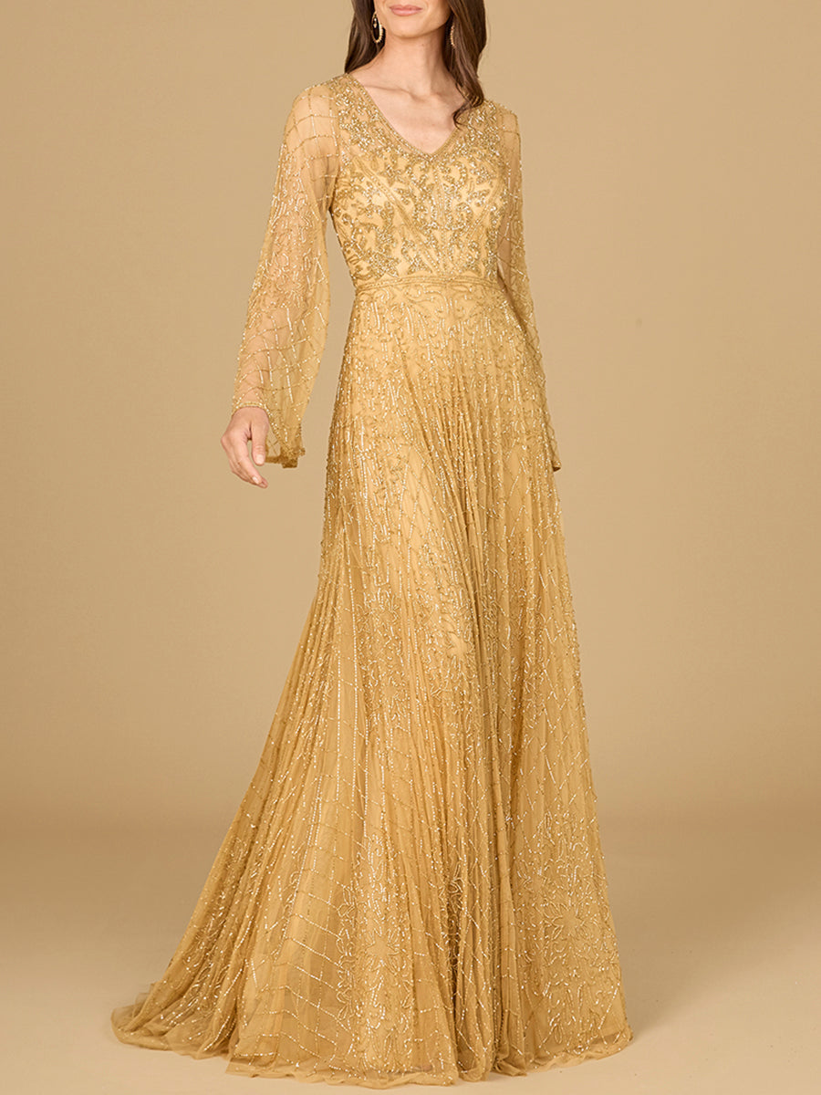 Beaded Long Dress with Flare Sleeves by Lara New York