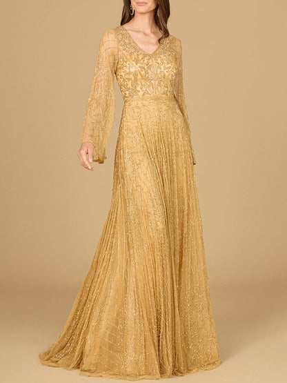 Beaded Long Dress with Flare Sleeves by Lara New York
