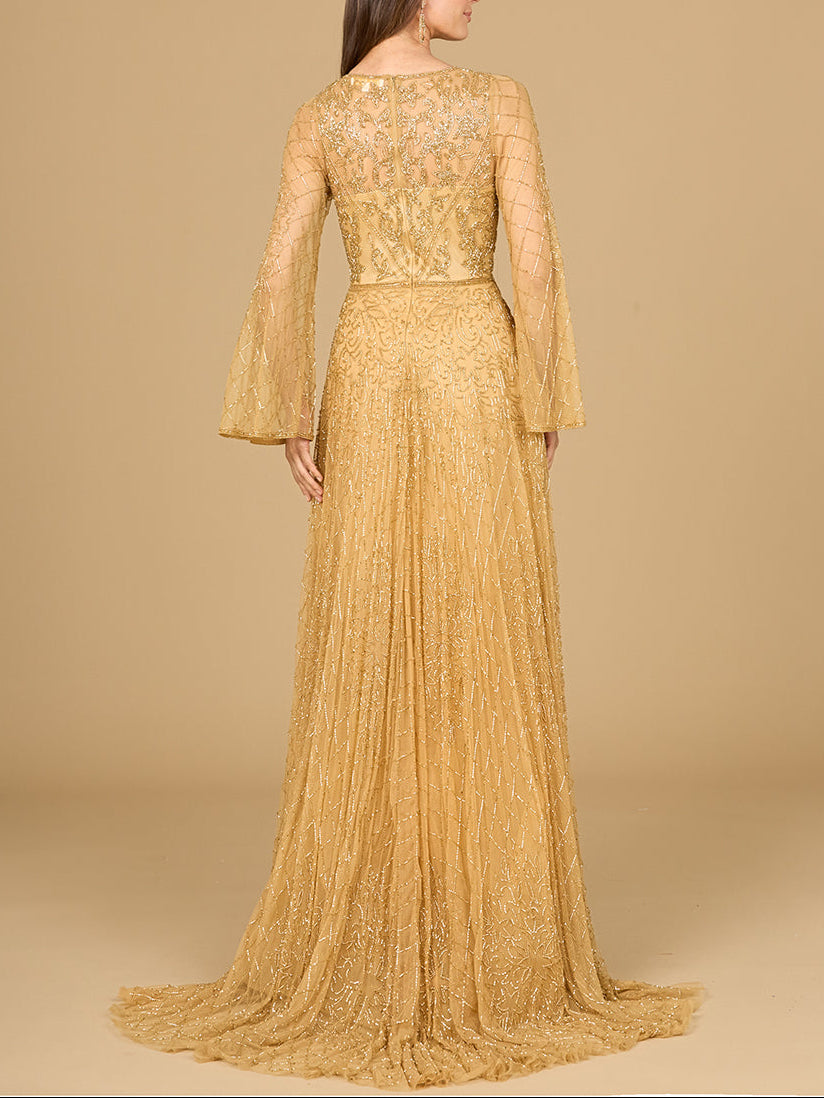Beaded Long Dress with Flare Sleeves by Lara New York