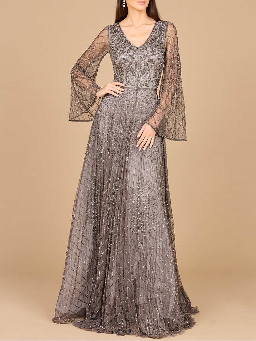 Beaded Long Dress with Flare Sleeves by Lara New York