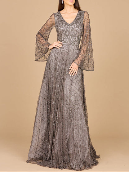 Beaded Long Dress with Flare Sleeves by Lara New York