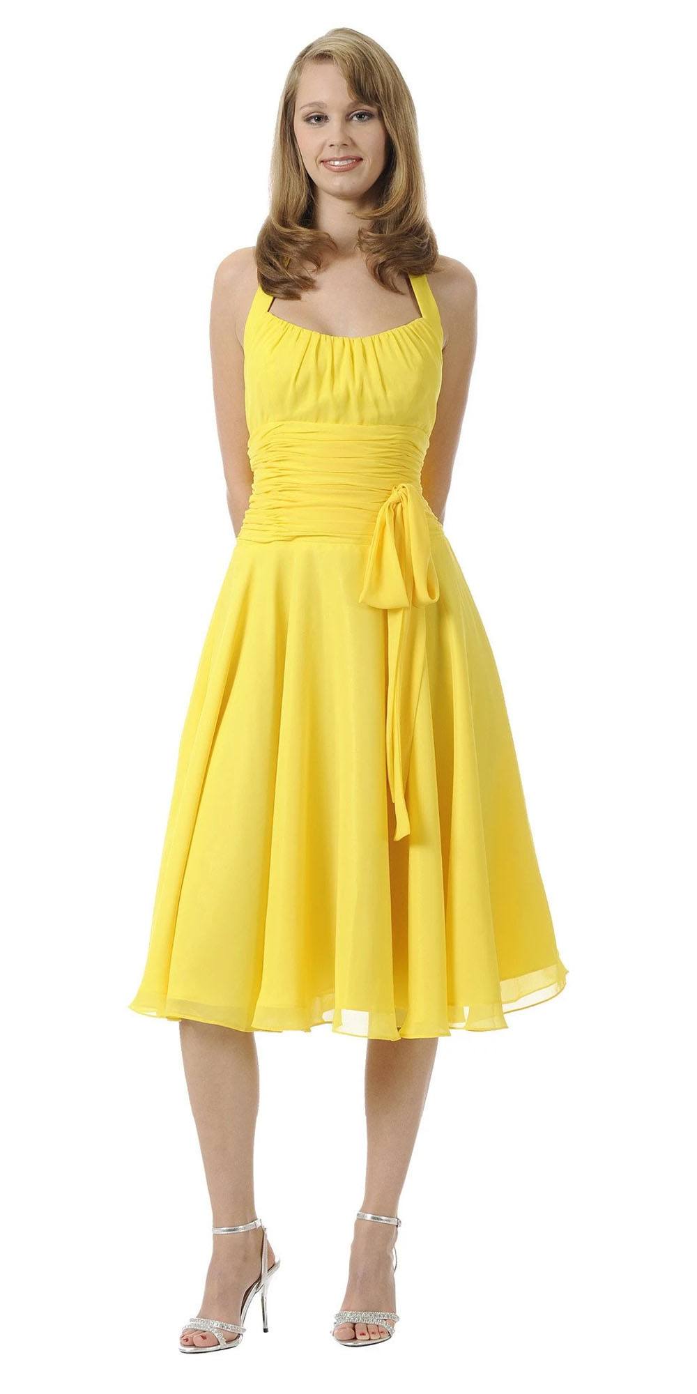 CLEARANCE - Halter Strap Yellow Chiffon Knee Length Dress With Bow (Size Small) by DiscountDressShop