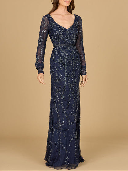 V-Neck Beaded Gown with Sleeves by Lara New York