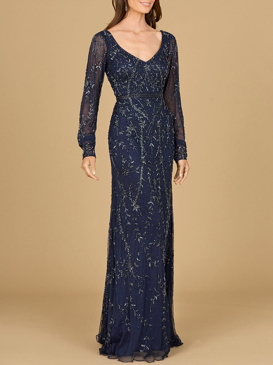 V-Neck Beaded Gown with Sleeves by Lara New York