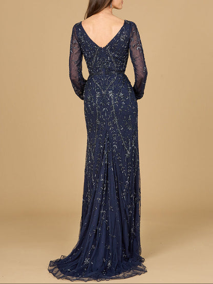 V-Neck Beaded Gown with Sleeves by Lara New York