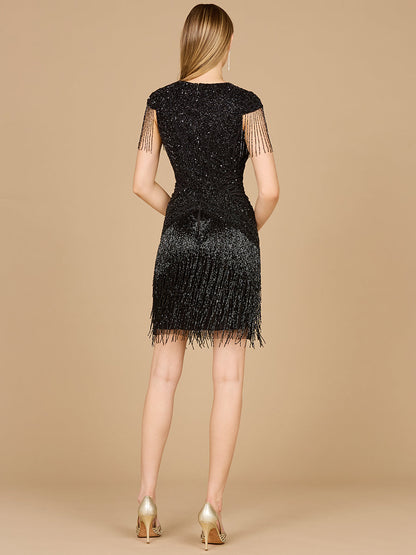 Beaded Fringe Short Dress with Cap Sleeves by Lara New York