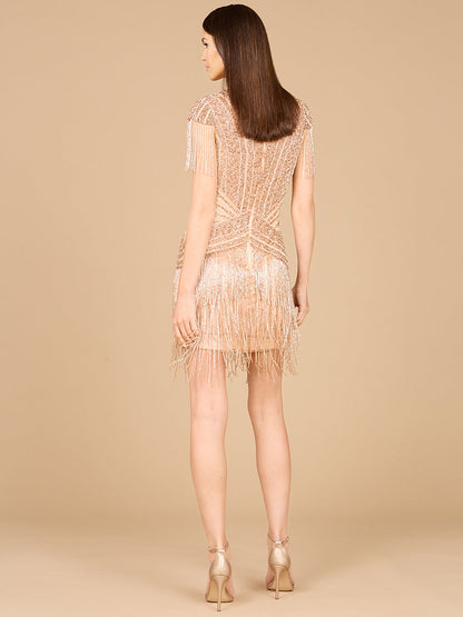 Beaded Fringe Short Dress with Cap Sleeves by Lara New York