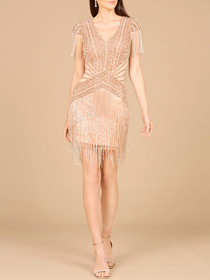 Beaded Fringe Short Dress with Cap Sleeves by Lara New York