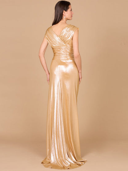 V-Neck Metallic Dress with Slit - OUTLET by Lara New York