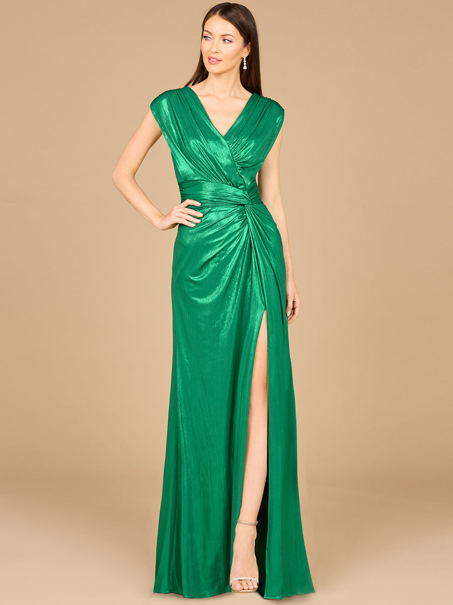 V-Neck Metallic Dress with Slit - OUTLET by Lara New York