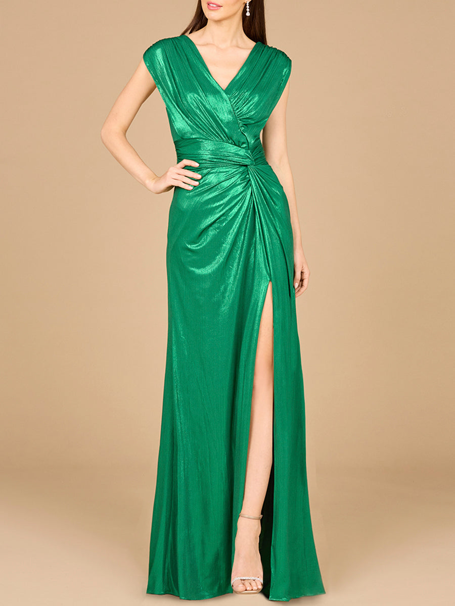 V-Neck Metallic Dress with Slit - OUTLET by Lara New York