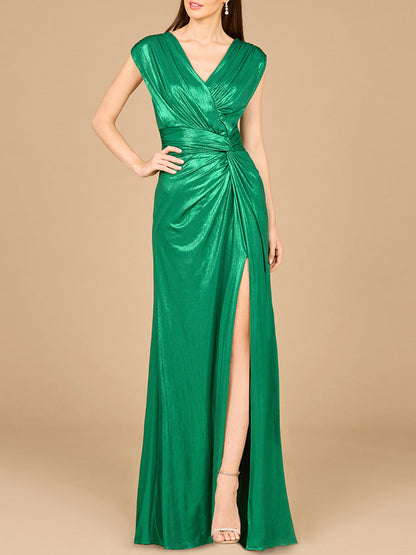 V-Neck Metallic Dress with Slit - OUTLET by Lara New York