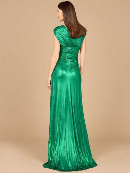 V-Neck Metallic Dress with Slit - OUTLET by Lara New York