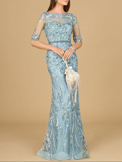 Short Sleeve Lace Fitted Gown by Lara New York