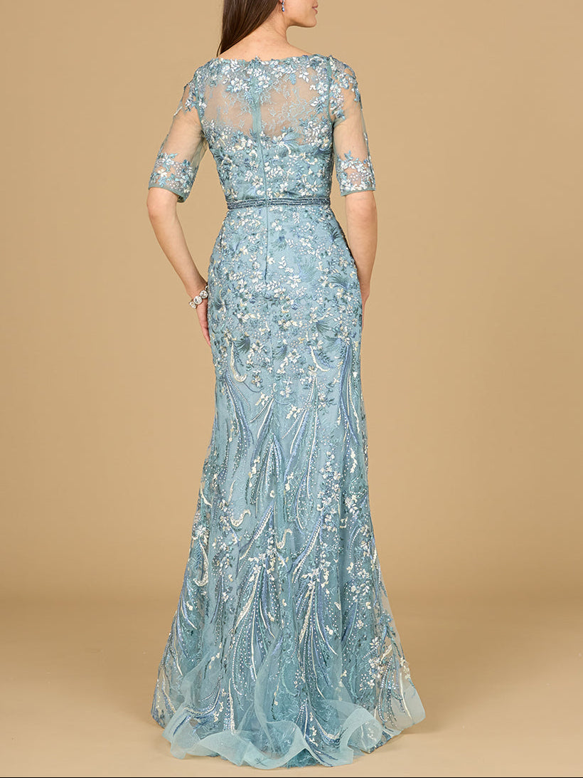 Short Sleeve Lace Fitted Gown by Lara New York