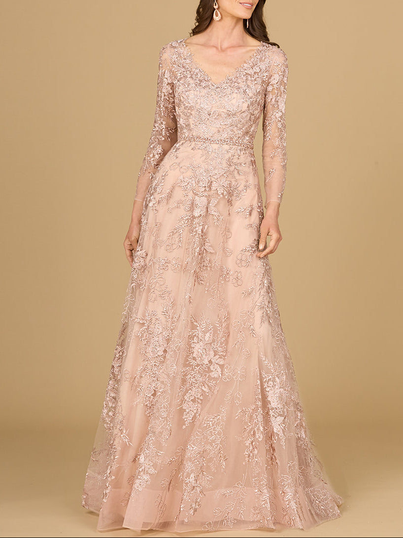 Long Sleeve V-Neck Lace Gown with Beaded Belt by Lara New York