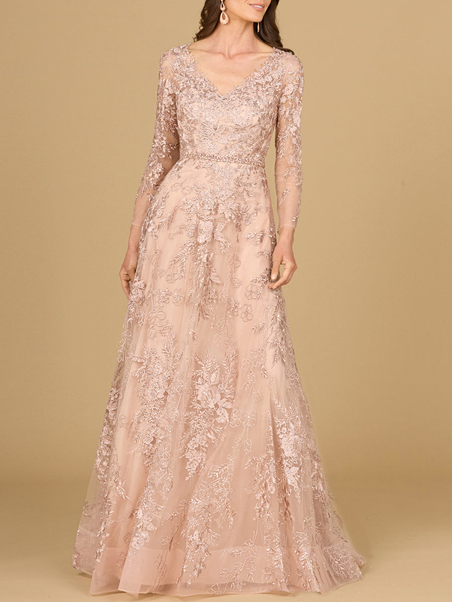 Long Sleeve V-Neck Lace Gown with Beaded Belt by Lara New York