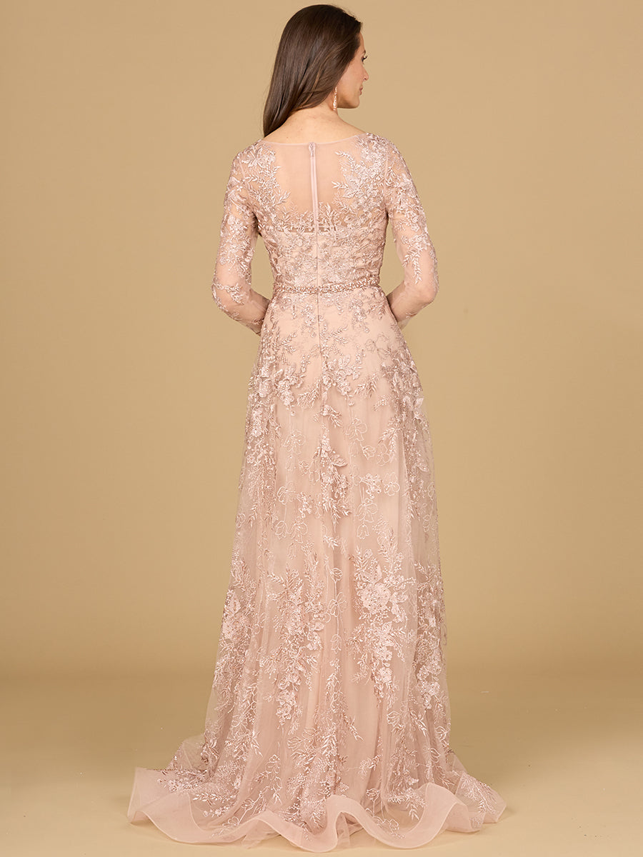 Long Sleeve V-Neck Lace Gown with Beaded Belt by Lara New York