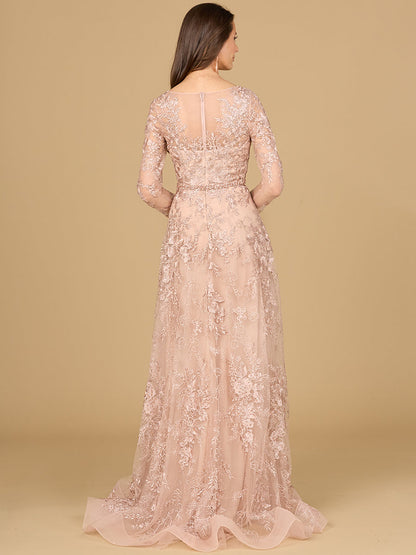 Long Sleeve V-Neck Lace Gown with Beaded Belt by Lara New York