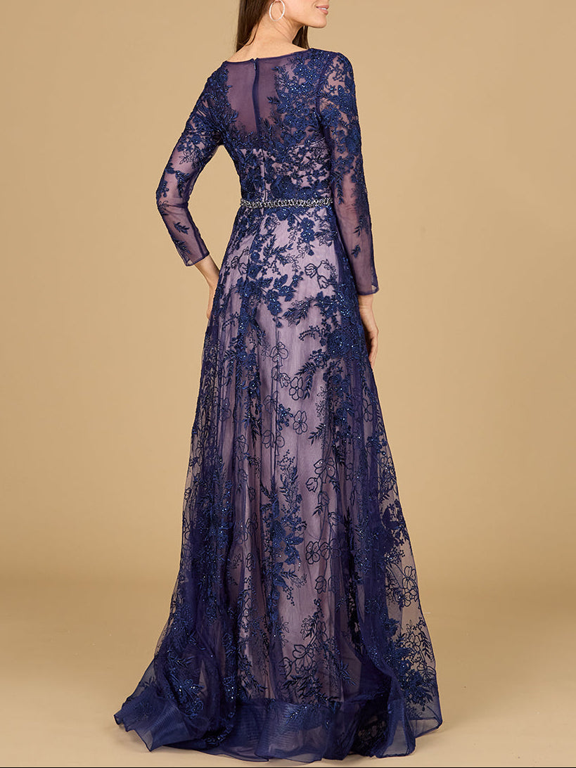 Long Sleeve V-Neck Lace Gown with Beaded Belt by Lara New York