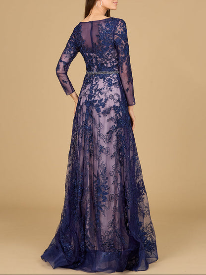 Long Sleeve V-Neck Lace Gown with Beaded Belt by Lara New York
