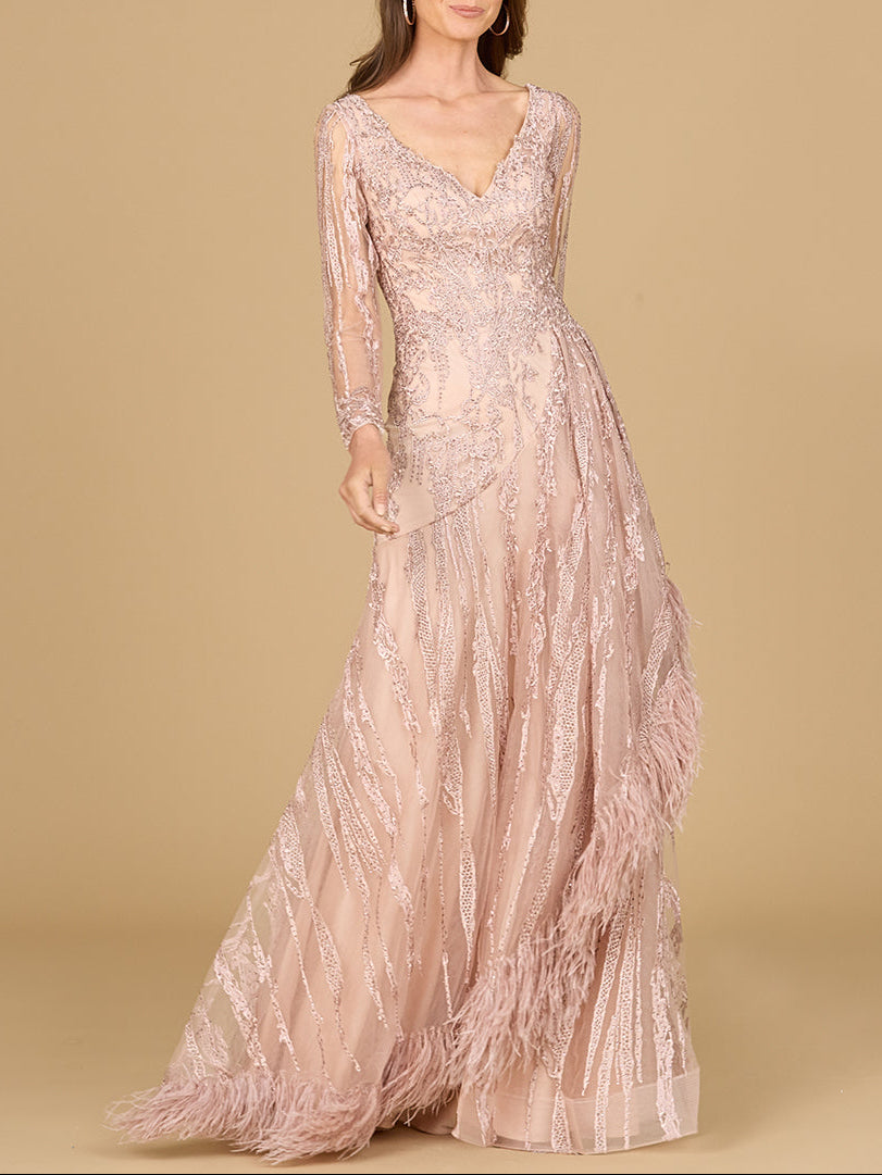 Long Sleeve V-Neck Lace Gown with Feathers by Lara New York