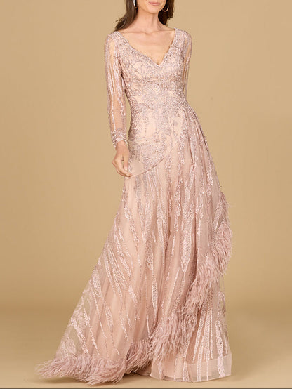 Long Sleeve V-Neck Lace Gown with Feathers by Lara New York