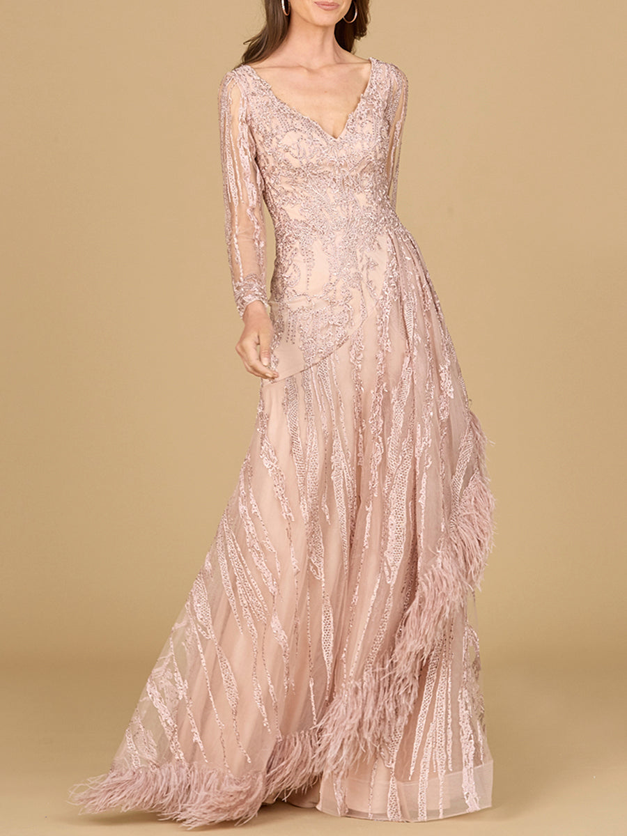 Long Sleeve V-Neck Lace Gown with Feathers by Lara New York