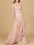 Long Sleeve V-Neck Lace Gown with Feathers by Lara New York