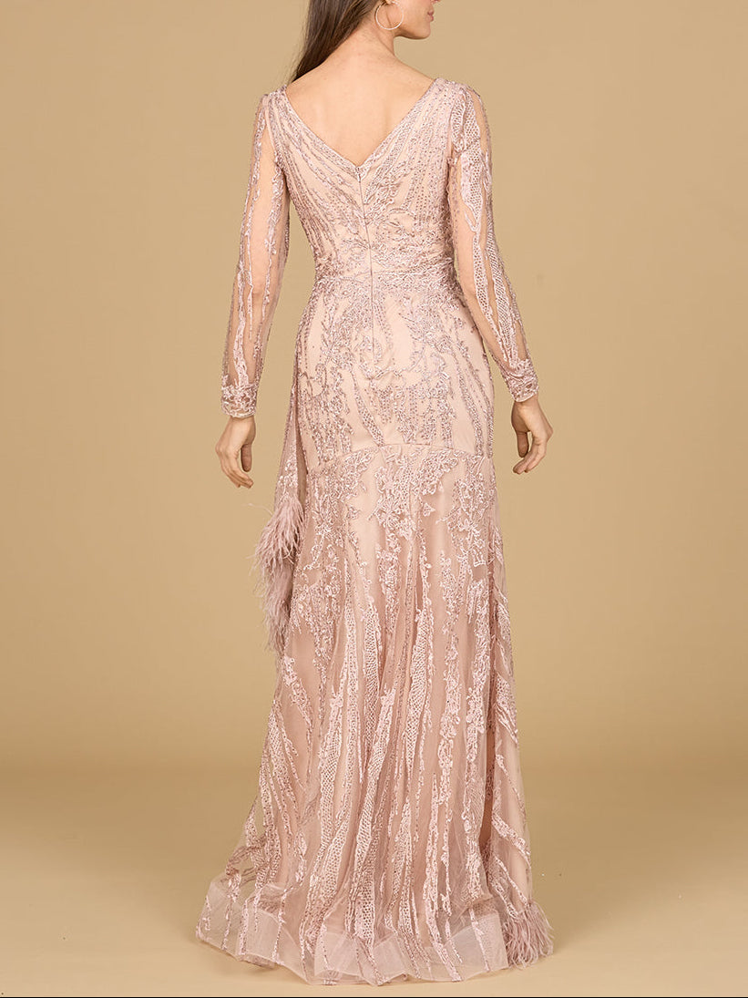 Long Sleeve V-Neck Lace Gown with Feathers by Lara New York