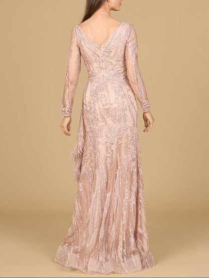 Long Sleeve V-Neck Lace Gown with Feathers by Lara New York