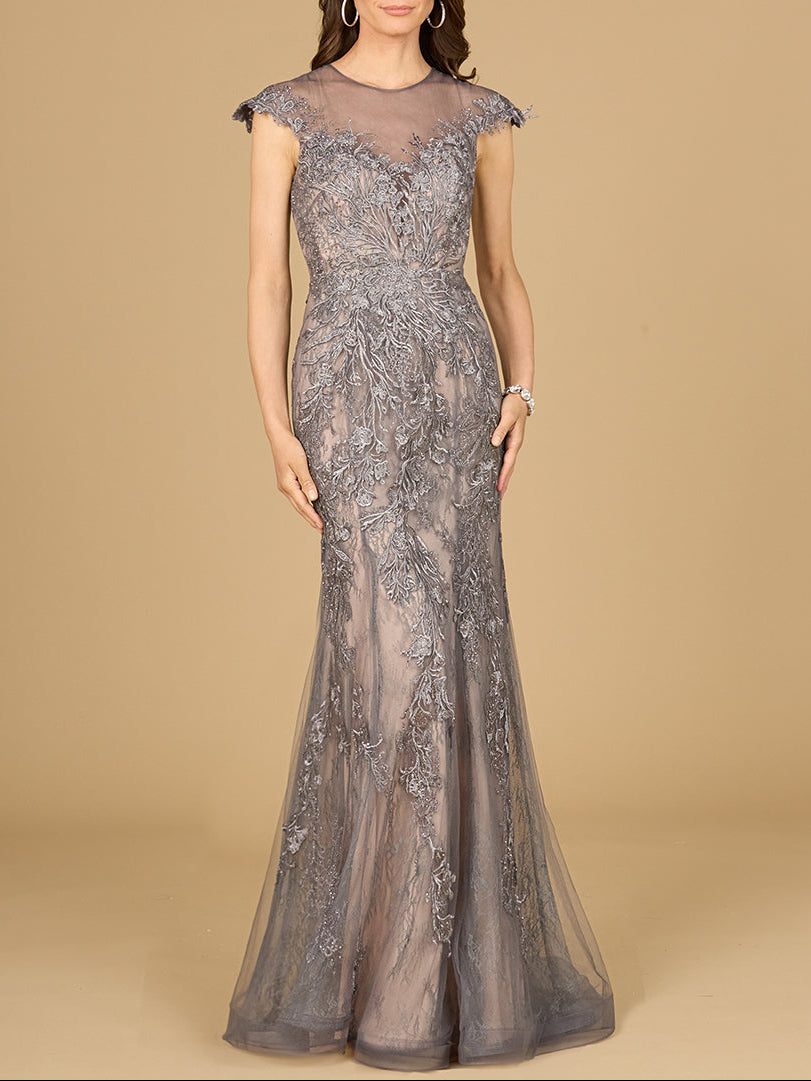 Sheath Lace Gown with Cap Sleeves by Lara New York